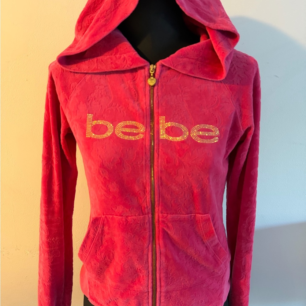 Vintage Bebe Women's Pink Hoodie with Gold Logo Y2K size M